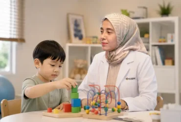 Dokter Rina KIBM mendampingi anak dalam sesi observasi perkembangan untuk membantu memahami fungsi neurologis, perilaku, kemampuan belajar, dan tumbuh kembang secara menyeluruh.