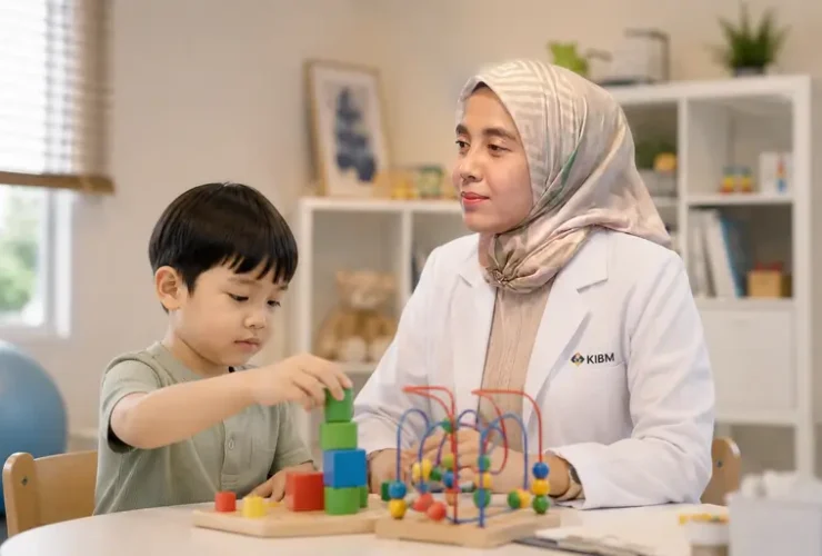 Dokter Rina KIBM mendampingi anak dalam sesi observasi perkembangan untuk membantu memahami fungsi neurologis, perilaku, kemampuan belajar, dan tumbuh kembang secara menyeluruh.