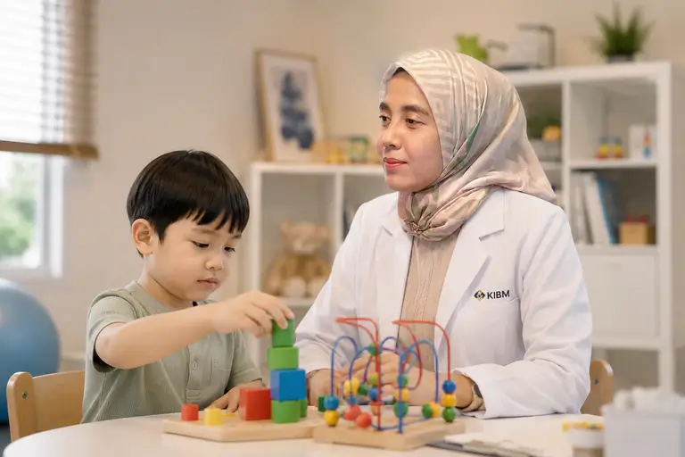 Dokter Rina KIBM mendampingi anak dalam sesi observasi perkembangan untuk membantu memahami fungsi neurologis, perilaku, kemampuan belajar, dan tumbuh kembang secara menyeluruh.
