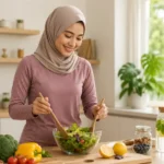 Seorang wanita berhijab sedang menyiapkan makanan sehat sebagai ilustrasi Metabolic & Cellular Health yang menggambarkan pentingnya metabolisme, nutrisi seimbang, dan kesehatan sel untuk menjaga fungsi tubuh secara optimal.