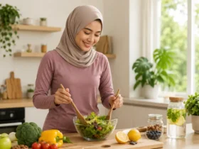 Seorang wanita berhijab sedang menyiapkan makanan sehat sebagai ilustrasi Metabolic & Cellular Health yang menggambarkan pentingnya metabolisme, nutrisi seimbang, dan kesehatan sel untuk menjaga fungsi tubuh secara optimal.