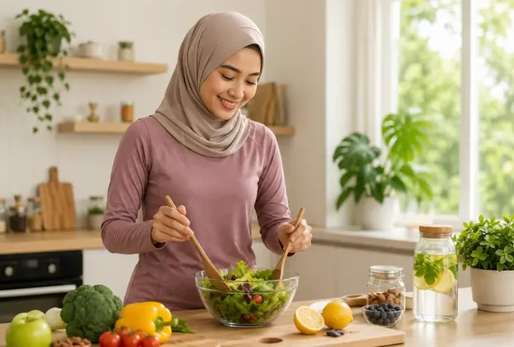 Seorang wanita berhijab sedang menyiapkan makanan sehat sebagai ilustrasi Metabolic & Cellular Health yang menggambarkan pentingnya metabolisme, nutrisi seimbang, dan kesehatan sel untuk menjaga fungsi tubuh secara optimal.
