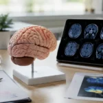 Ilustrasi Brain & Neurodevelopment Assessment yang menggambarkan hubungan fungsi otak, perkembangan saraf, perilaku, dan faktor biologis yang memengaruhi kesehatan neurologis.