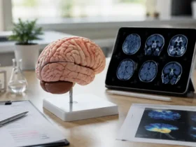 Ilustrasi Brain & Neurodevelopment Assessment yang menggambarkan hubungan fungsi otak, perkembangan saraf, perilaku, dan faktor biologis yang memengaruhi kesehatan neurologis.