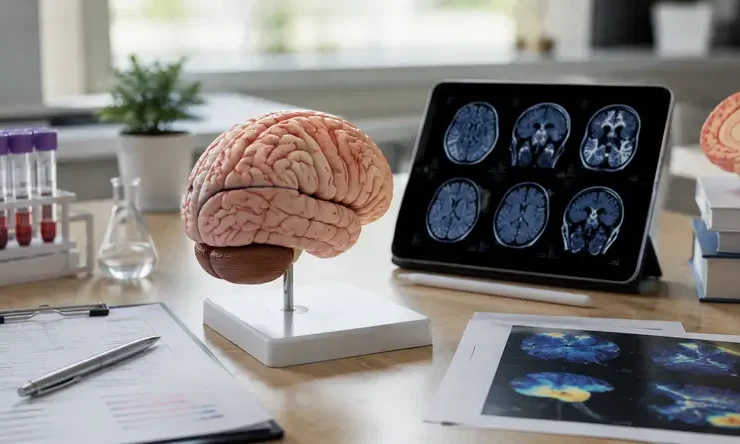 Ilustrasi Brain & Neurodevelopment Assessment yang menggambarkan hubungan fungsi otak, perkembangan saraf, perilaku, dan faktor biologis yang memengaruhi kesehatan neurologis.