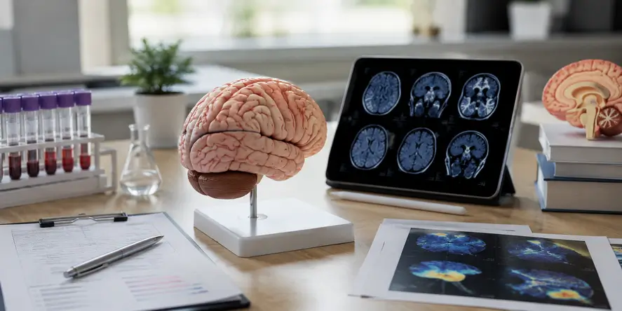 Ilustrasi Brain & Neurodevelopment Assessment yang menggambarkan hubungan fungsi otak, perkembangan saraf, perilaku, dan faktor biologis yang memengaruhi kesehatan neurologis.