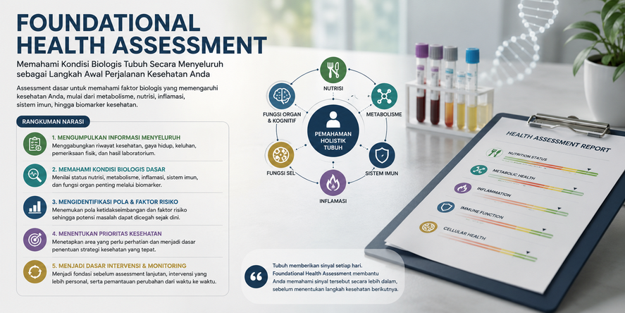 Ilustrasi Foundational Health Assessment yang menggambarkan evaluasi kesehatan dasar melalui biomarker, metabolisme, sistem imun, status nutrisi, dan kesehatan biologis tubuh secara menyeluruh.