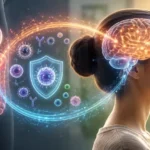 Ilustrasi Gut-Brain-Immune Axis yang menunjukkan hubungan antara usus, otak, sistem imun, dan mikrobioma dalam kesehatan manusia.