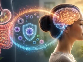 Ilustrasi Gut-Brain-Immune Axis yang menunjukkan hubungan antara usus, otak, sistem imun, dan mikrobioma dalam kesehatan manusia.