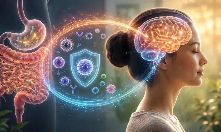 Ilustrasi Gut-Brain-Immune Axis yang menunjukkan hubungan antara usus, otak, sistem imun, dan mikrobioma dalam kesehatan manusia.