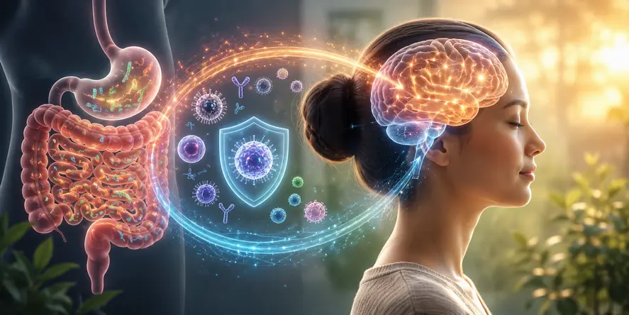 Ilustrasi Gut-Brain-Immune Axis yang menunjukkan hubungan antara usus, otak, sistem imun, dan mikrobioma dalam kesehatan manusia.