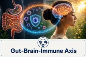 Ilustrasi hubungan usus, otak, dan sistem imun yang menunjukkan komunikasi biologis antara mikrobioma, fungsi neurologis, dan respons imun.