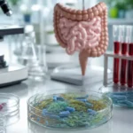 Ilustrasi Gut, Immune & Inflammation Assessment yang menunjukkan hubungan antara kesehatan usus, sistem imun, mikrobioma, dan inflamasi.