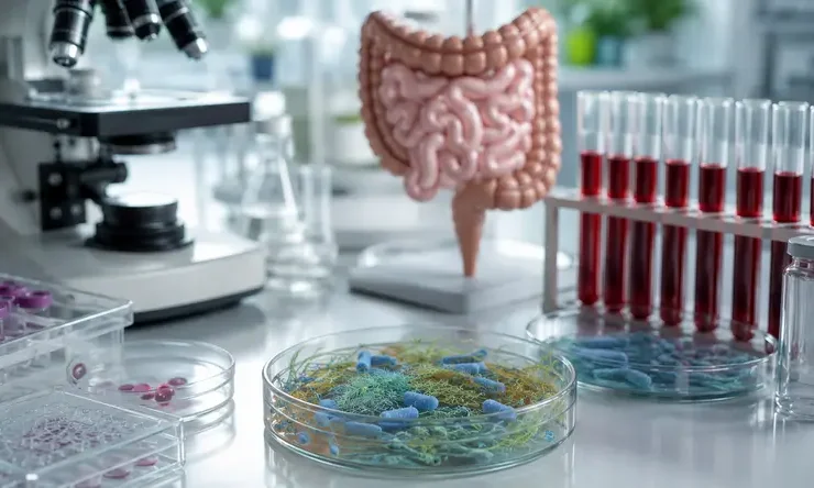 Ilustrasi Gut, Immune & Inflammation Assessment yang menunjukkan hubungan antara kesehatan usus, sistem imun, mikrobioma, dan inflamasi.