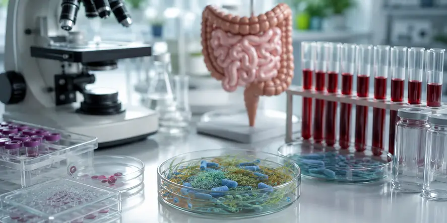Ilustrasi Gut, Immune & Inflammation Assessment yang menunjukkan hubungan antara kesehatan usus, sistem imun, mikrobioma, dan inflamasi.