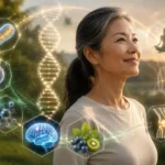 Ilustrasi Healthy Aging & Longevity yang menunjukkan hubungan kesehatan sel, metabolisme, fungsi otak, dan kualitas hidup sepanjang usia.