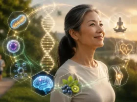 Ilustrasi Healthy Aging & Longevity yang menunjukkan hubungan kesehatan sel, metabolisme, fungsi otak, dan kualitas hidup sepanjang usia.