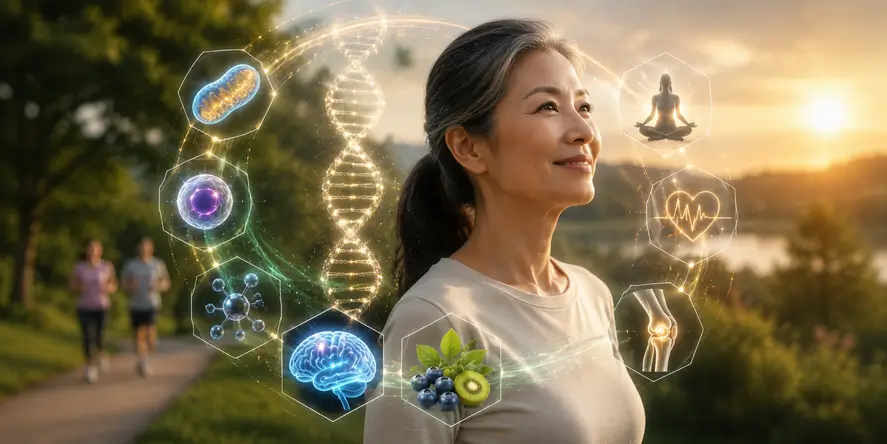 Ilustrasi Healthy Aging & Longevity yang menunjukkan hubungan kesehatan sel, metabolisme, fungsi otak, dan kualitas hidup sepanjang usia.