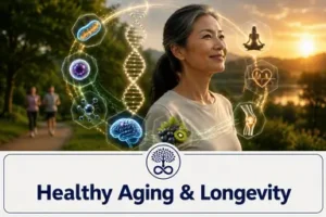 Ilustrasi healthy aging dan longevity yang menggambarkan kesehatan sel, metabolisme, fungsi otak, dan kualitas hidup jangka panjang.