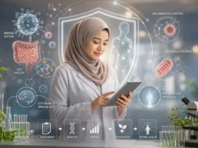 Ilustrasi Functional Immunology di KIBM yang menggambarkan pendekatan biologis terhadap sistem imun melalui hubungan antara kesehatan usus, inflamasi, metabolisme, dan Gut-Brain-Immune Axis.