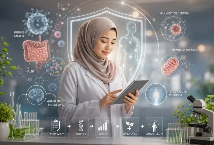 Ilustrasi Functional Immunology di KIBM yang menggambarkan pendekatan biologis terhadap sistem imun melalui hubungan antara kesehatan usus, inflamasi, metabolisme, dan Gut-Brain-Immune Axis.