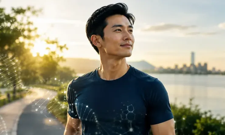 Seorang pria dewasa sehat sedang berolahraga di ruang terbuka sebagai ilustrasi Longevity & Biohacking yang menggambarkan optimalisasi fungsi biologis, kesehatan metabolik, dan gaya hidup sehat untuk mendukung usia sehat.