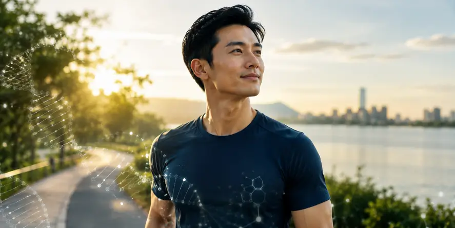 Seorang pria dewasa sehat sedang berolahraga di ruang terbuka sebagai ilustrasi Longevity & Biohacking yang menggambarkan optimalisasi fungsi biologis, kesehatan metabolik, dan gaya hidup sehat untuk mendukung usia sehat.