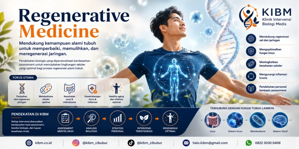 Infografis Regenerative Medicine di KIBM yang menjelaskan pendekatan biologis untuk mendukung regenerasi sel dan jaringan melalui assessment, optimalisasi metabolisme, pengendalian inflamasi, serta intervensi yang dipersonalisasi.