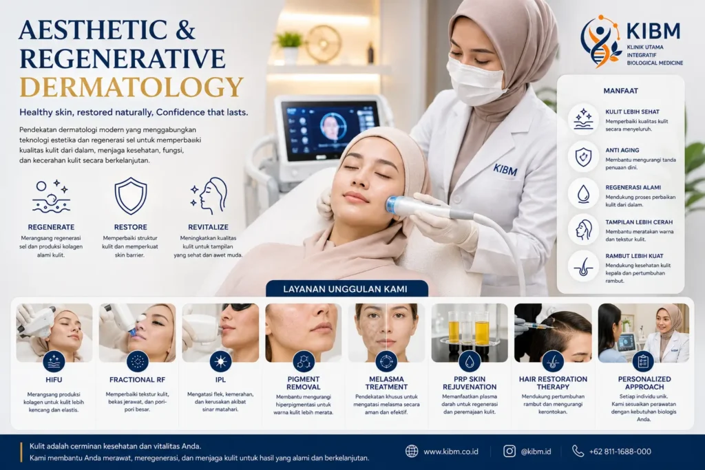 Infografis Aesthetic & Regenerative Dermatology di KIBM yang menjelaskan pendekatan regeneratif untuk menjaga kesehatan kulit melalui teknologi estetika, regenerasi jaringan, dan perawatan yang dipersonalisasi.