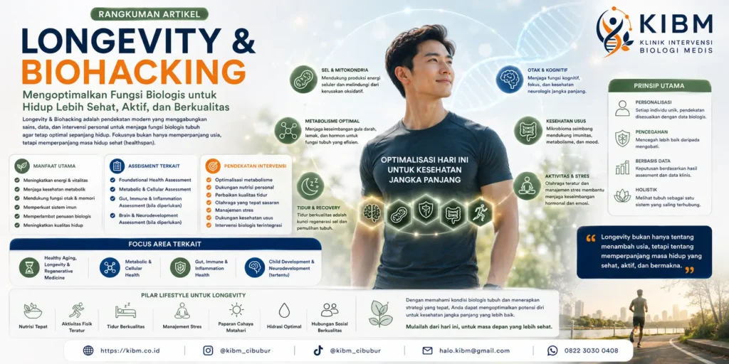 Infografis Longevity & Biohacking di KIBM yang menjelaskan pendekatan untuk mengoptimalkan fungsi biologis tubuh melalui assessment, kesehatan sel, metabolisme, gaya hidup, dan intervensi yang dipersonalisasi.