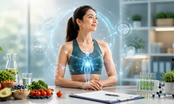 Infografis Metabolic & Nutritional Therapy di KIBM yang menjelaskan hubungan metabolisme, nutrisi, produksi energi, fungsi sel, assessment kesehatan, dan pendekatan intervensi yang dipersonalisasi.