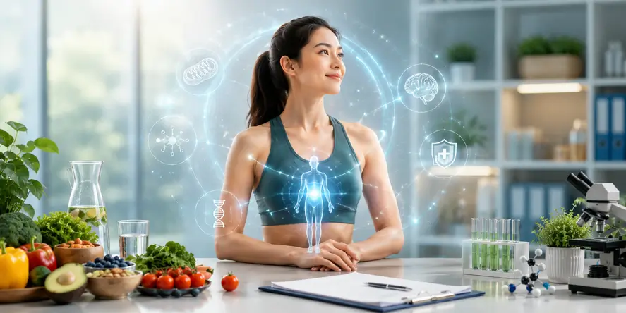 Infografis Metabolic & Nutritional Therapy di KIBM yang menjelaskan hubungan metabolisme, nutrisi, produksi energi, fungsi sel, assessment kesehatan, dan pendekatan intervensi yang dipersonalisasi.