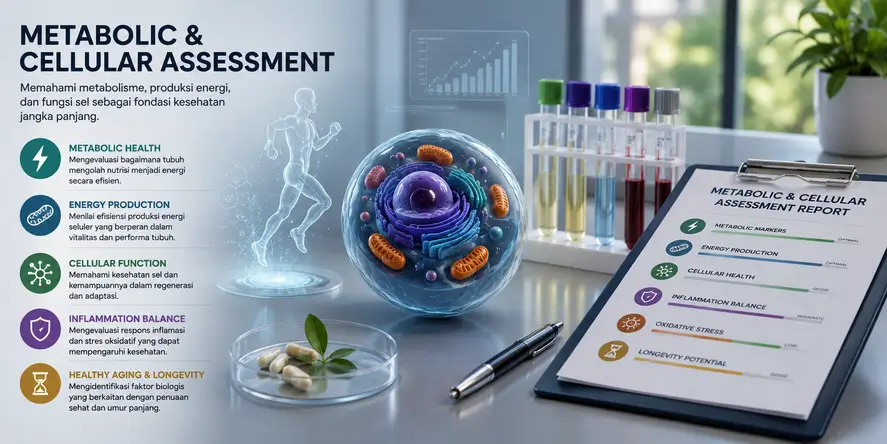 Ilustrasi Metabolic & Cellular Assessment yang menggambarkan evaluasi metabolisme, produksi energi, fungsi sel, dan faktor biologis yang berkaitan dengan kesehatan jangka panjang.