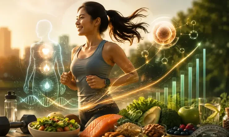 Ilustrasi Metabolic Optimization yang menggambarkan hubungan metabolisme, energi, komposisi tubuh, inflamasi, dan kesehatan sel.