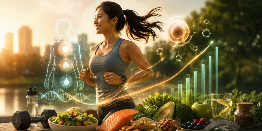 Ilustrasi Metabolic Optimization yang menggambarkan hubungan metabolisme, energi, komposisi tubuh, inflamasi, dan kesehatan sel.
