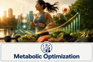 Ilustrasi metabolic optimization yang menggambarkan hubungan nutrisi, aktivitas fisik, metabolisme sel, dan kesehatan metabolik.