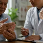 Dokter mengevaluasi pasien dengan Parkinson disease melalui pemeriksaan neurologis untuk memahami perubahan fungsi otak dan gerakan.