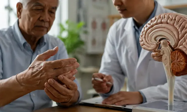 Dokter mengevaluasi pasien dengan Parkinson disease melalui pemeriksaan neurologis untuk memahami perubahan fungsi otak dan gerakan.