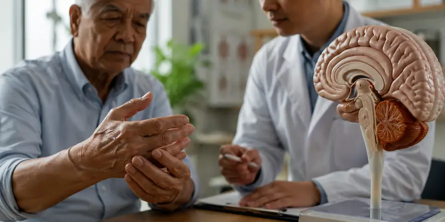 Dokter mengevaluasi pasien dengan Parkinson disease melalui pemeriksaan neurologis untuk memahami perubahan fungsi otak dan gerakan.