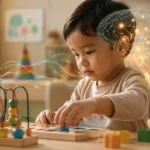 Ilustrasi perkembangan anak dan neurodevelopment yang menunjukkan hubungan antara otak, usus, sistem imun, tidur, dan lingkungan.