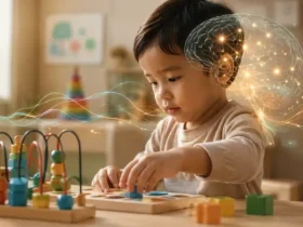 Ilustrasi perkembangan anak dan neurodevelopment yang menunjukkan hubungan antara otak, usus, sistem imun, tidur, dan lingkungan.