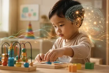 Ilustrasi perkembangan anak dan neurodevelopment yang menunjukkan hubungan antara otak, usus, sistem imun, tidur, dan lingkungan.