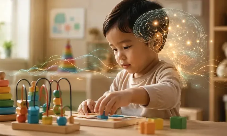 Ilustrasi perkembangan anak dan neurodevelopment yang menunjukkan hubungan antara otak, usus, sistem imun, tidur, dan lingkungan.