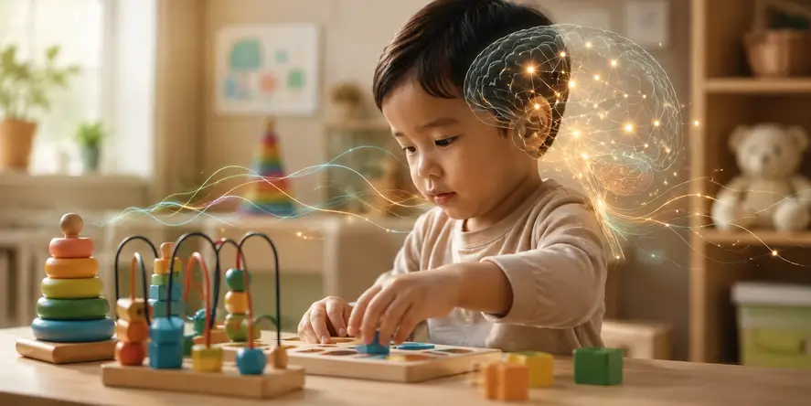 Ilustrasi perkembangan anak dan neurodevelopment yang menunjukkan hubungan antara otak, usus, sistem imun, tidur, dan lingkungan.