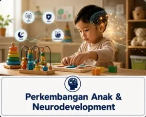 Ilustrasi perkembangan anak dan neurodevelopment yang menunjukkan hubungan antara usus, sistem imun, tidur, lingkungan, dan fungsi otak anak.