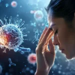 Ilustrasi realistis seorang wanita dengan representasi sel imun yang menggambarkan autoimmune health, inflamasi kronis, dan gangguan regulasi sistem imun.