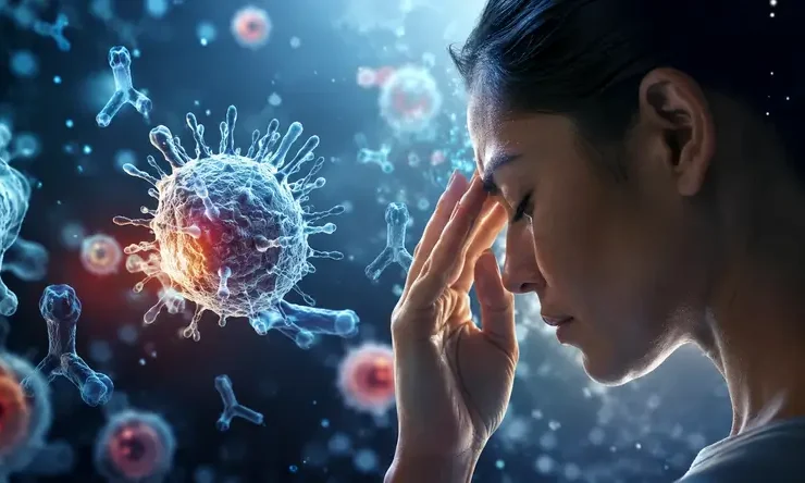 Ilustrasi realistis seorang wanita dengan representasi sel imun yang menggambarkan autoimmune health, inflamasi kronis, dan gangguan regulasi sistem imun.