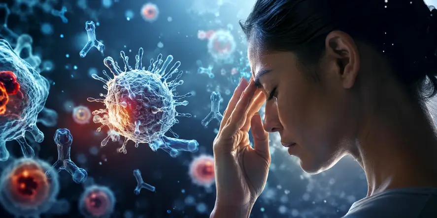 Ilustrasi realistis seorang wanita dengan representasi sel imun yang menggambarkan autoimmune health, inflamasi kronis, dan gangguan regulasi sistem imun.