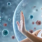 Ilustrasi realistis yang menggambarkan autoimmune health dengan sistem imun melindungi tubuh sebagai representasi hubungan metabolisme, kesehatan sel, dan regulasi sistem imun.
