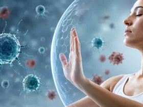 Ilustrasi realistis yang menggambarkan autoimmune health dengan sistem imun melindungi tubuh sebagai representasi hubungan metabolisme, kesehatan sel, dan regulasi sistem imun.